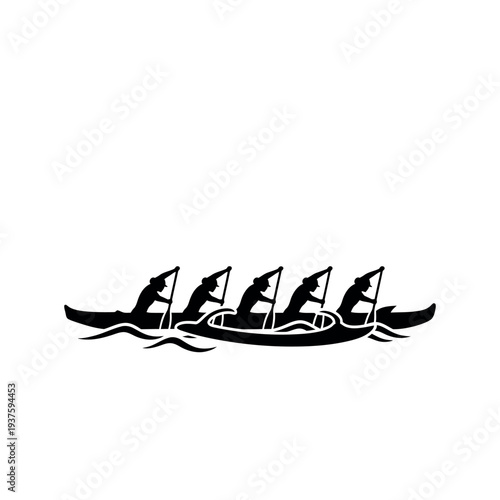 Rowing team in a canoe black and white illustration.
