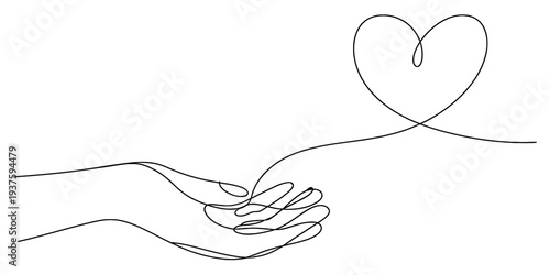 Continuous line drawing of hands holding with heart symbol