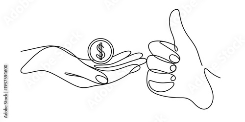Continuous line drawing of hand holding dollar coin with thumbs up