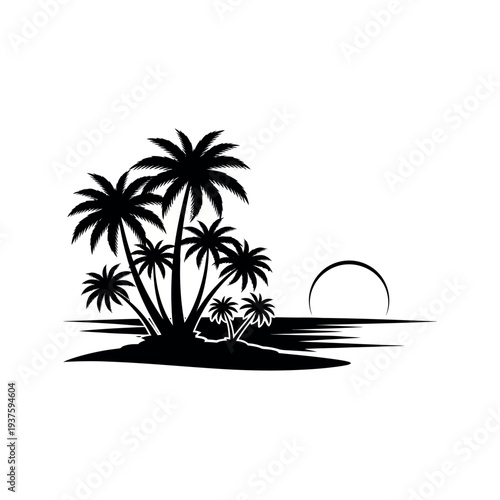 Tropical island sunset silhouette with palm trees.