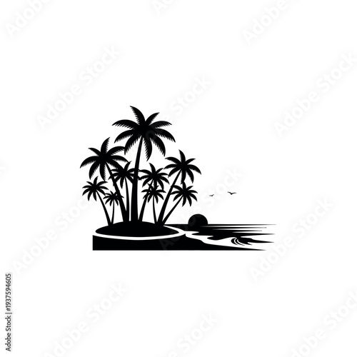 Tropical Island Sunset Silhouette Vector Illustration.