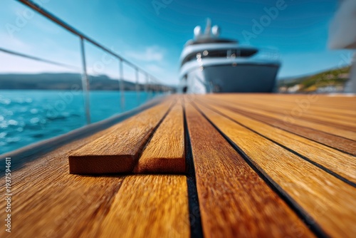 Polished wooden deck planks in focus on a vessel leading to a metal railing and blurred blue sea with a distant ship under a clear sky