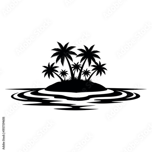 Tropical island with palm trees silhouette in water.