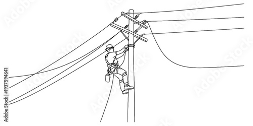 Lineman working on high voltage power lines, climbing utility pole, electricity maintenance