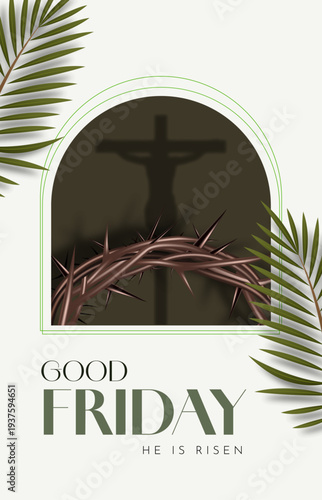 Good Friday Religious Poster Design with Cross Silhouette, Crown of Thorns in Arch Window and Palm Leaves