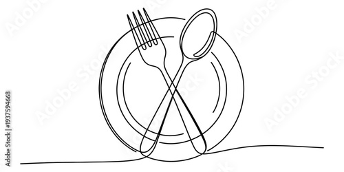 Crossed silverware on plate, utensils, table setting, dining