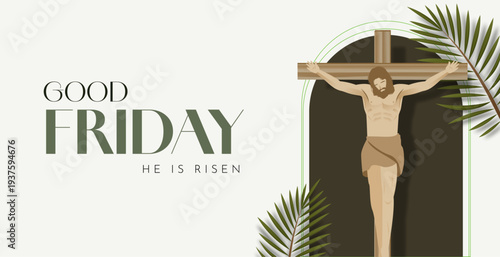 Good Friday Christian Illustration of Jesus Christ on the Cross with Palm Leaves and Arch Window Background
