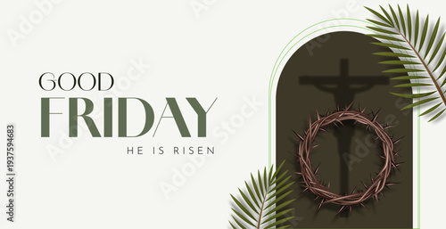 Good Friday Christian Banner Background with Crown of Thorns, Cross Silhouette in Arch Window and Palm Leaves