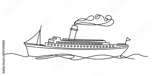 Vintage steamship sailing on ocean waves, smoke rising from chimney