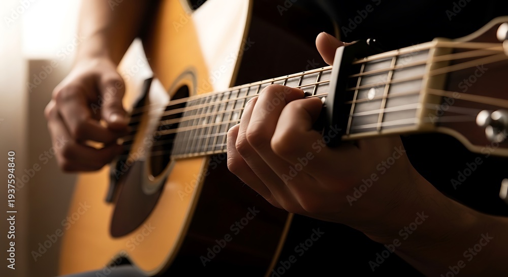 Fototapeta premium Close-up photos of a person playing an acoustic guitar with a capo on the neck