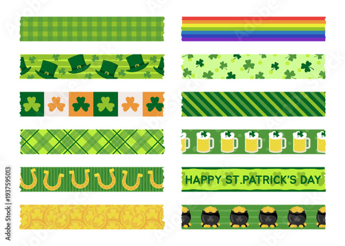 Set of 12 St.Patrick’s Day decorative washi tapes with clover, rainbow, leprechaun hat, horseshoe, beer mug and pot of gold patterns. Ideal for scrapbooking, planners, cards, party decor and festive 