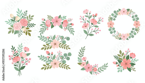 Beautiful assortment of hand-drawn floral arrangements, including wreaths and bouquets, perfect for elegant spring and summer designs