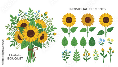 Vibrant Sunflower Bouquet with Assorted Blossoms and Separate Botanical Elements Vector Set