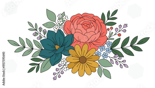 Elegant graphic illustration of a charming floral arrangement featuring diverse blossoms and foliage for decorative design