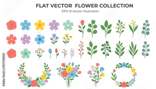 Flat Vector Flower Collection Featuring Various Floral Arrangements, Wreaths, and Botanical Elements for Design