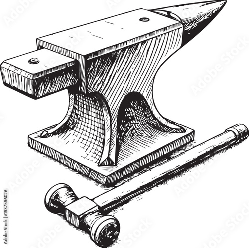 Anvil and hammer Hand-drawn Sketch Drawing Vector Illustration, Line Linear Symbol Black and White Engraving, Isolated