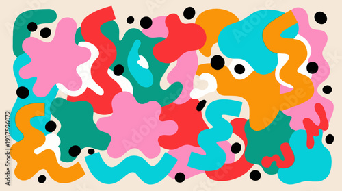 Vibrant abstract shapes in various colors on a beige background.