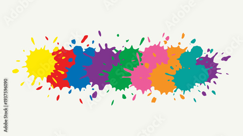 Vibrant multicolored paint splatters on white background.