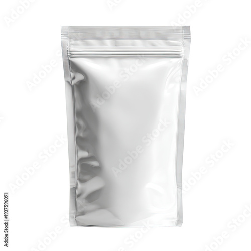 Shiny, vertical pouch with a zipper closure, ready for product. Dark background