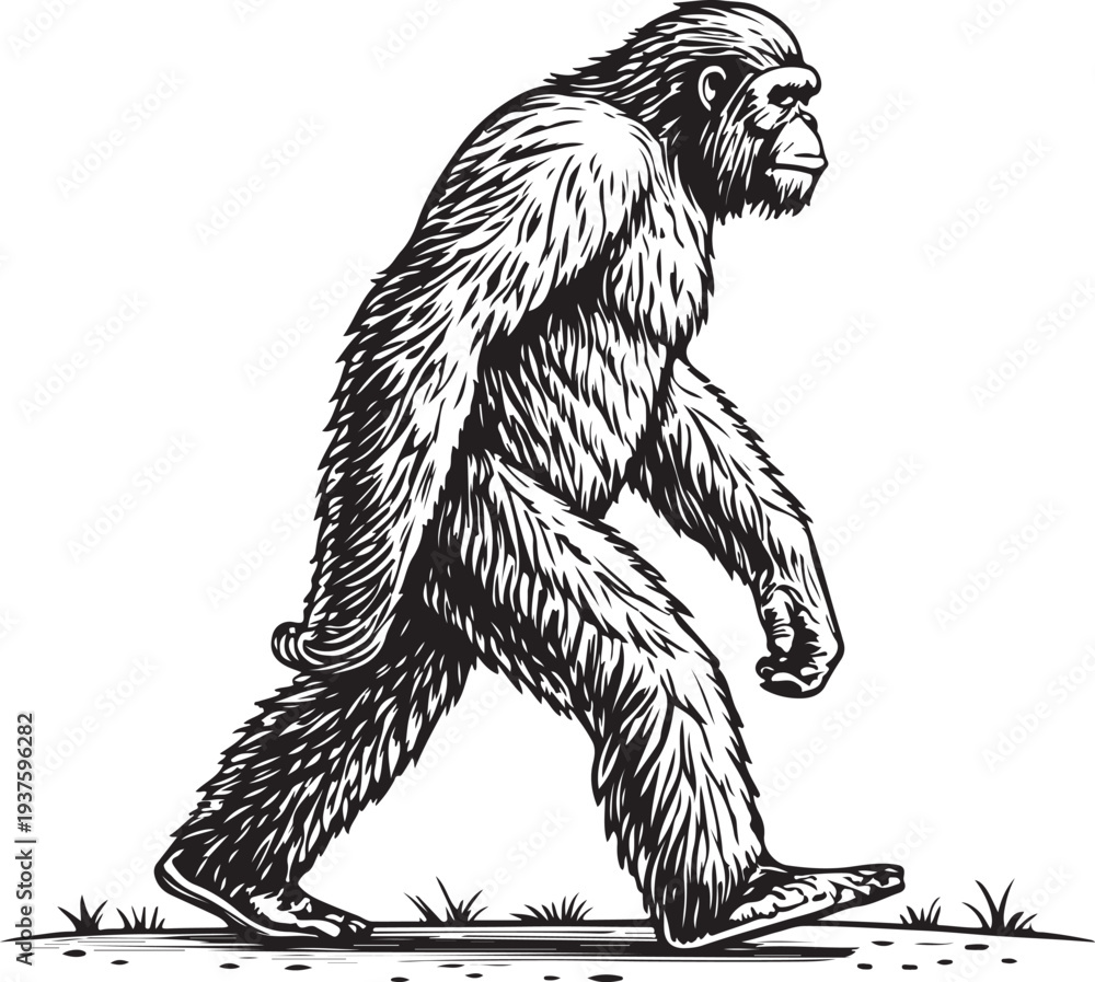Fototapeta premium Big Foot Hand-drawn Sketch Drawing Vector Illustration, Line Linear Symbol Black and White Engraving, Isolated