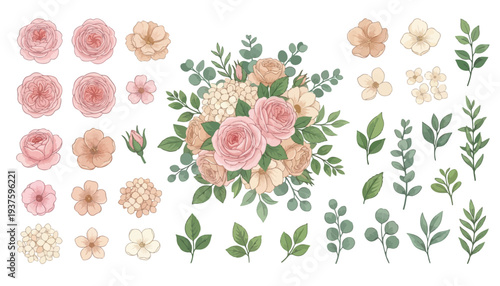 Delicate floral elements and bouquet of roses, hydrangeas, and greenery for designs and decorations