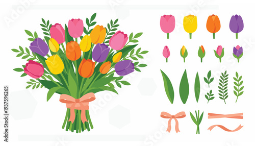 Beautiful bouquet of colorful tulips with blooming buds and greenery, decorative elements for design