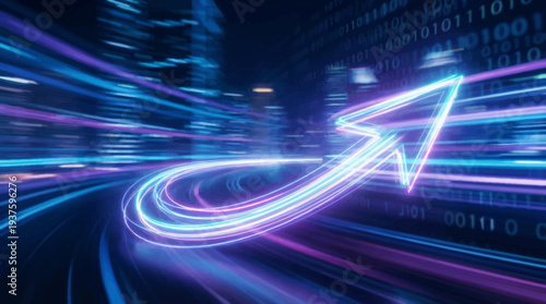 Neon arrow on a digital highway with binary code background.
