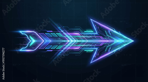 Glowing neon arrow pointing to the right with vibrant colors.