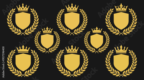 Seven golden shields with laurel wreaths and crowns on black background.