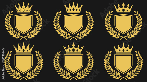 Six golden emblems with crowns and laurel wreaths on a black background.