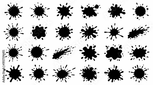 Collection of black ink splatter designs on white background.