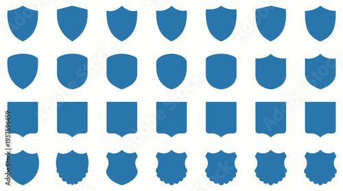 Collection of blue shield and badge icons arranged in a grid pattern.