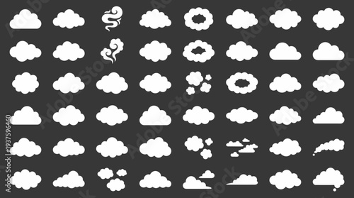 Collection of various white cloud shapes and weather symbols on a dark gray background.