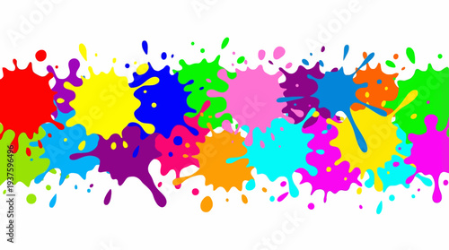 Vibrant multicolored paint splatters on white background.