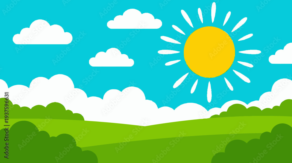 Fototapeta premium A bright sunny day over a green landscape with fluffy white clouds.