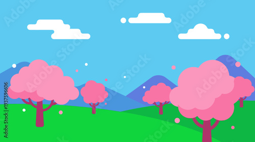 Serene landscape with pink trees and mountains.