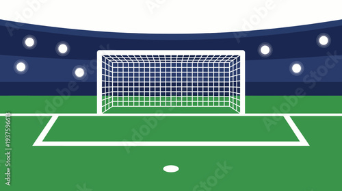 Soccer Field with Goal and Ball in Stadium.