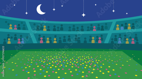 Colorful Balloons Filling a Stadium at Night Under the Moon and Stars.