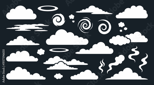 Collection of white clouds and abstract shapes on dark background.