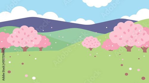Serene landscape with pink trees and rolling hills under a blue sky.