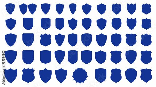 Collection of blue shield icons in various shapes and designs.