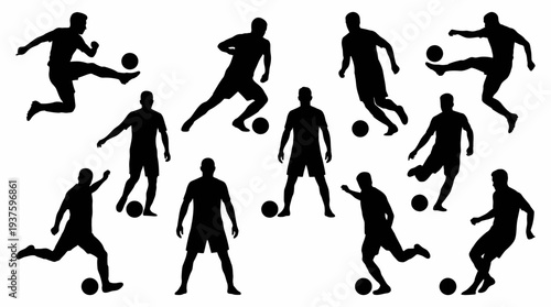 Silhouettes of soccer players in various dynamic poses.