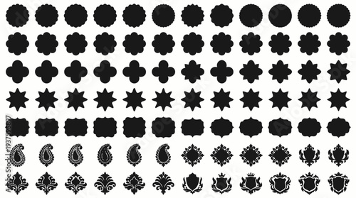 Collection of various black decorative shapes and symbols on white background.