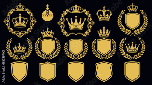 Collection of golden heraldic symbols and emblems on black background.