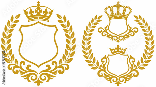 Luxury gold heraldic shields with crowns and laurel wreaths.