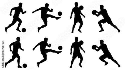 Silhouettes of soccer players in various dynamic poses.