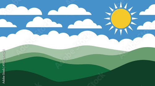 Serene landscape with rolling hills and sunny sky.