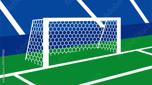 Soccer goal on a green football field with blue background.