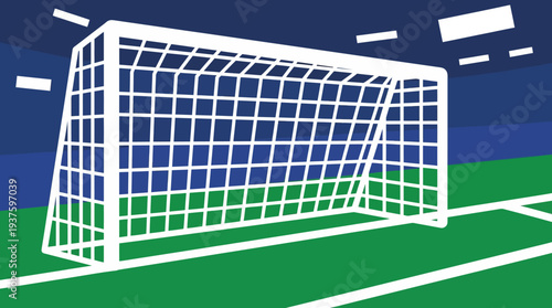 Illustration of a soccer goal on a green field with a dark blue sky.