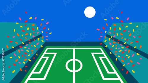 Vibrant Football Stadium with Confetti and Full Moon.